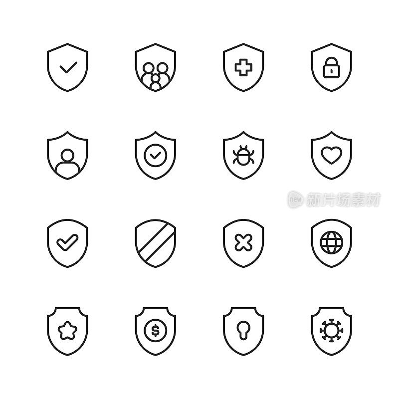 Shield Line Icons. Editable Stroke. Pixel Perfect. For Mobile and Web. Contains such icons as Badge, Award, Coat of Arms, Insignia, Privacy, Royalty, Military, Armour, Insurance, Hospital, Healthcare, Coronavirus, Vaccine, Family, Savings, Bug.